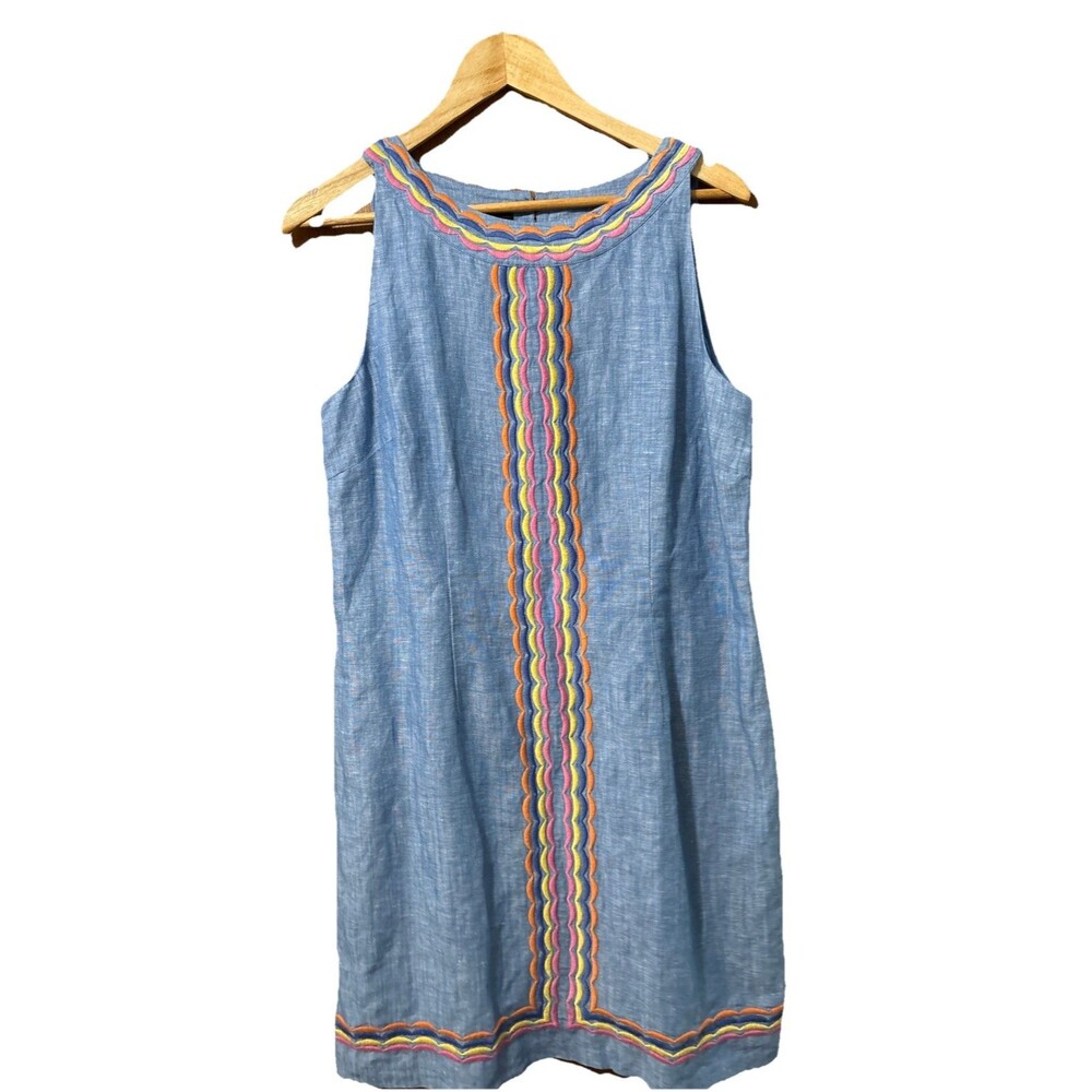 Talbots Linen Shift Dress 10P Chambray Blue Rainbow Embroidered Scallop